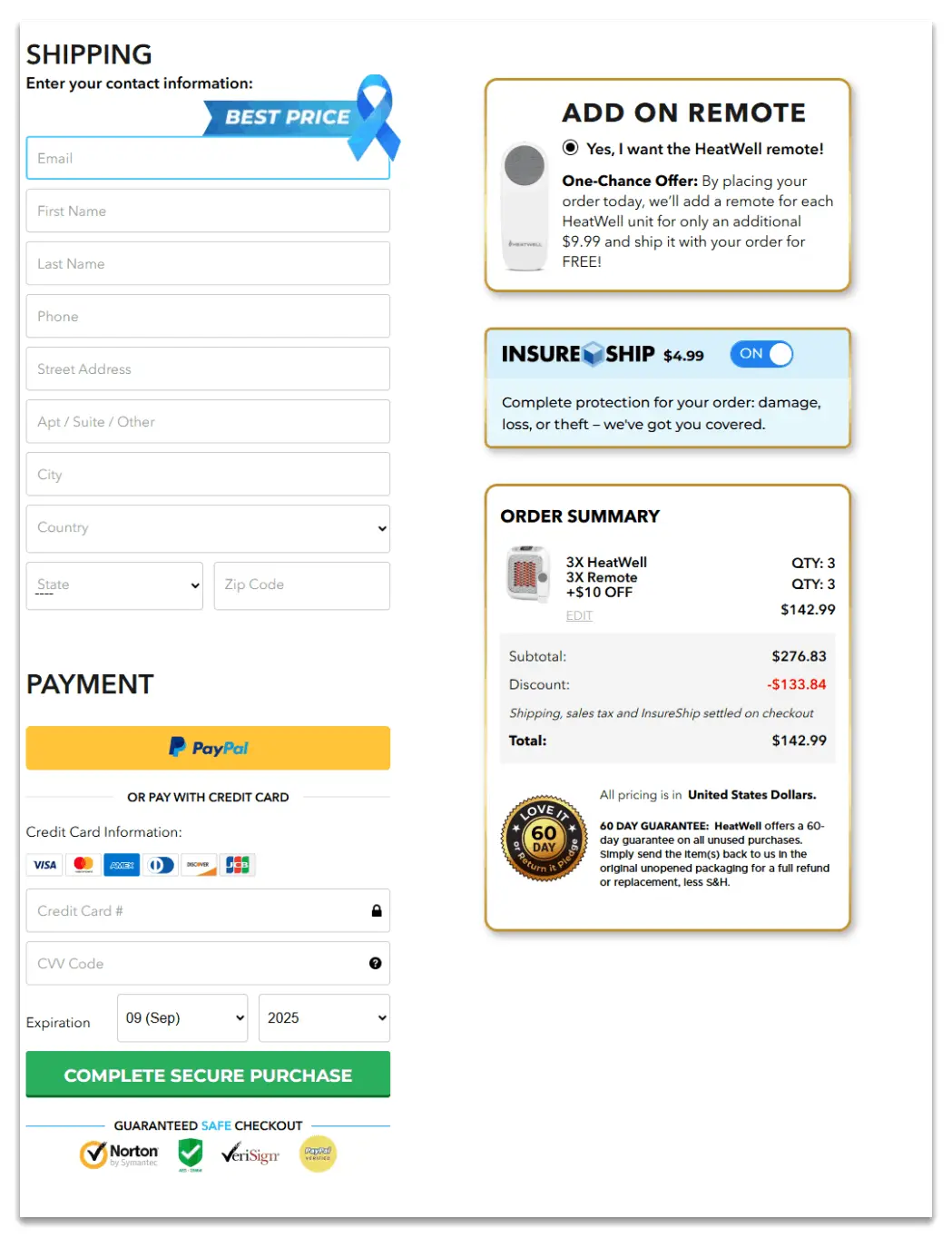 HeatWell secure checkout page